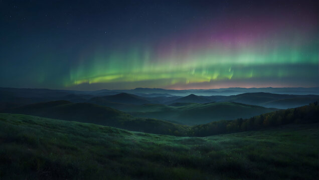 Photoreal as Nocturnes Palette Concept As Rolling hills enveloped in mist with a sky painted in the soft hues of the aurora borealis, Full depth of field, clean light, high quality ,include copy space