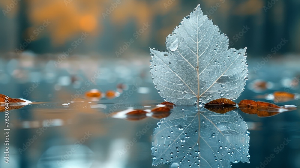 Poster transparent white leaf on mirror surface reflected on turquoise background macro. dreamy image of na