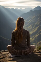Fototapeta na wymiar A woman is sitting with her back to the camera on a mountain summit, appearing deep in meditation or contemplation. The vast mountain landscape stretches out before her