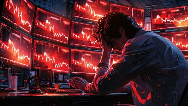 Stockbroker Male Looking at Stock Trading data on Display Board at Stock Exchange Market as Business financial investment concept. The Market trend is decrease or Down as show in red Figure. Stressed