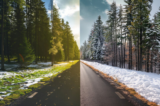 The concept of weather change between winter and summer is depicted with a road transitioning from snowy to sunny conditions.