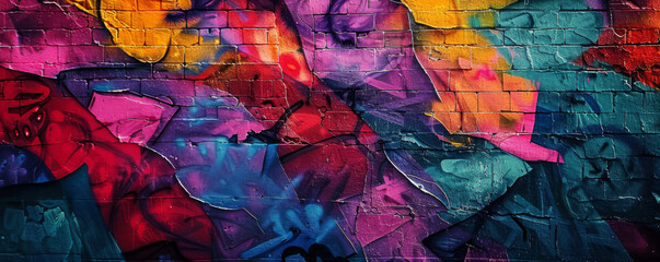 Colorful abstract graffiti embellishes a brick wall, creating a vibrant and dynamic background. - obrazy, fototapety, plakaty