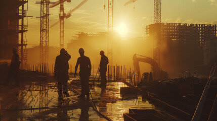 mage of construction workers on site. Silhouetted Craftsmen Shape the Future Amidst Golden Skies.Dawn of Development