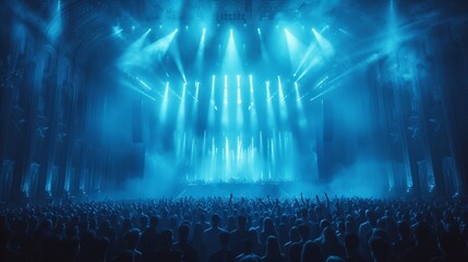 Stage lights in blue tones in a crowded concert hall, rock show performance, with people silhouetted, on the dance floor during a festival