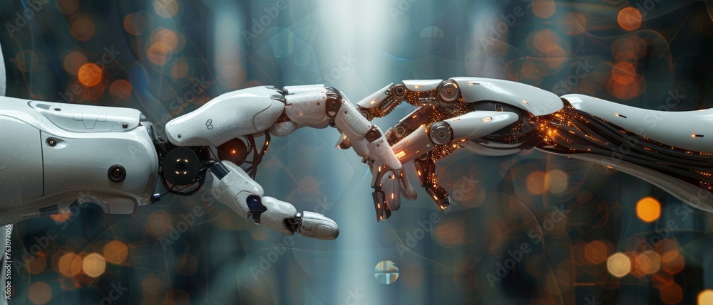 Aufkleber In this image, robots and humans work together on a big data network connection background while science and artificial intelligence technology, innovation, and futuristic technology are visible.