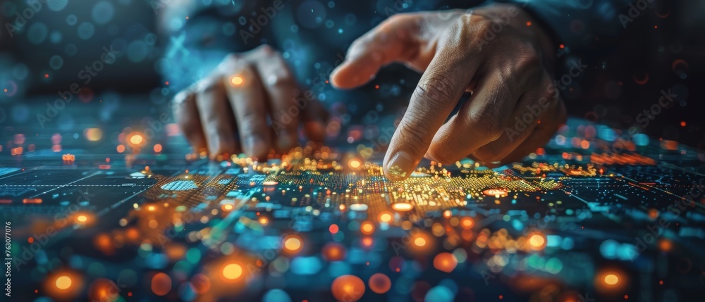 Aufkleber conceptual illustration of a businessman using modern technology in a digital layer effect to achiev