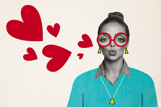 Composite sketch image artwork 3D photo collage of fashion lady wear glasses sent love hearts happy valentine day calabration postcard