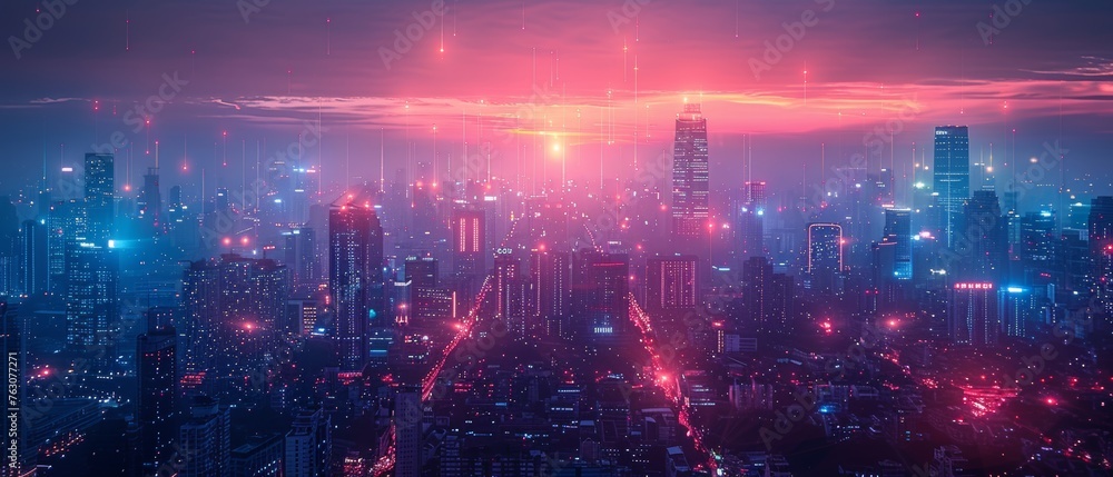 Poster An urban nightscape concept with wireless network and connection technology with a modern cityscape background. Wireless network and connection technology with cityscape background at night.