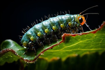 A detailed view of a caterpillar hanging from a leaf, showcasing its vibrant colors and unique body structure