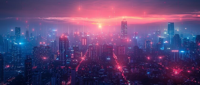 An urban nightscape concept with wireless network and connection technology with a modern cityscape background. Wireless network and connection technology with cityscape background at night. © Zaleman
