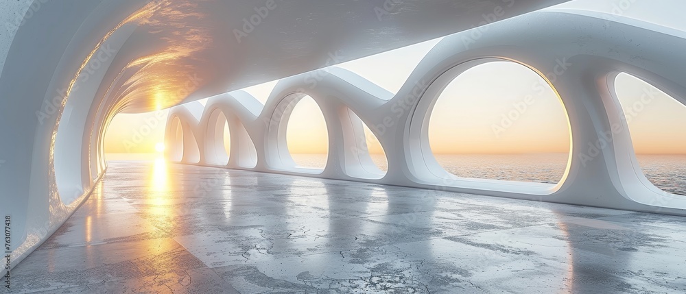Poster abstract futuristic architecture with concrete floor in 3d....