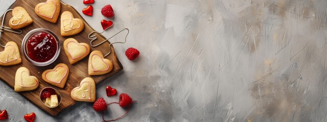 Board with tasty heart-shaped cookies and jam on grunge background with space for text. Valentine's Day celebration