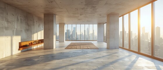 An empty floor and a skyline can be seen in this modern building