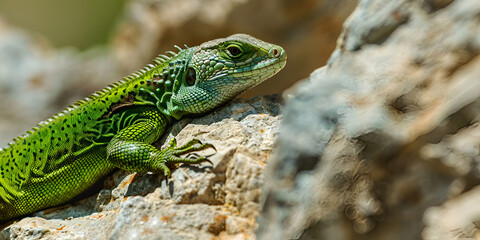 Naklejka na ściany i meble Green and blue Mediterranean gecko lizard spotted on a brown ground, 