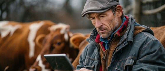 The owner of a dairy farm with the touchpad touching one of his cows as he consults with the veterinarian in the cowshed is a mature man - obrazy, fototapety, plakaty