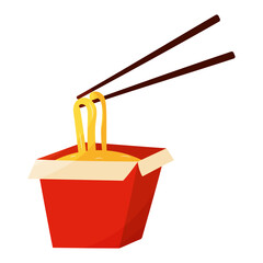 A red box with noodles and chopsticks sticking out of it. Fast food. Traditional Asian noodles. Udon. Icon element symbol. Hand drawn vector illustration.