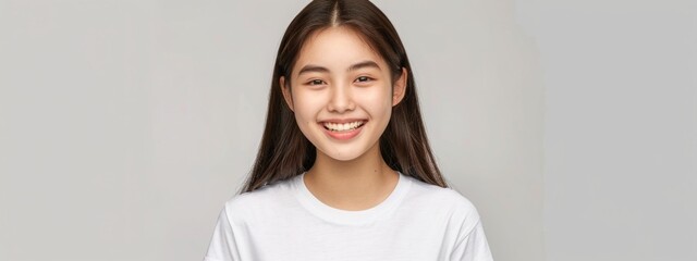 Beautiful korean girl smiling, white teeth, looking lovely at camera, standing in white tshirt over studio background - obrazy, fototapety, plakaty