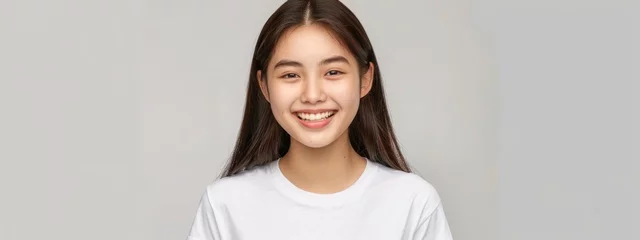 Foto op Canvas Beautiful korean girl smiling, white teeth, looking lovely at camera, standing in white tshirt over studio background © JovialFox