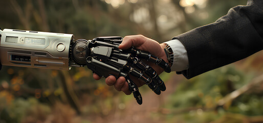 A robot hand shakes a human hand. The robot is wearing a suit and the human is wearing a suit and tie. The robot is holding a remote control