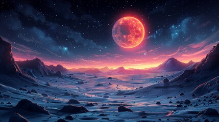 Background with landscape of alien planet with craters and cracks. Modern cartoon fantasy illustration of blue galaxy sky with gas giant and moon. - obrazy, fototapety, plakaty