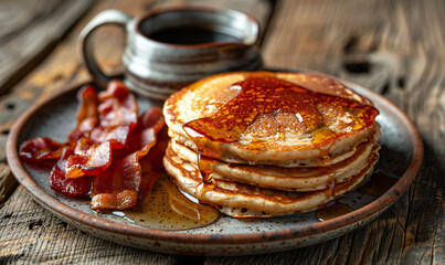 Buckwheat pancakes with a side of crispy bacon and a small jug of maple syrup on modern plate.