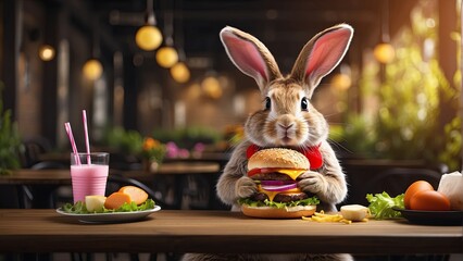 Obraz premium Easter bunny eating cheeseburger, cafe background