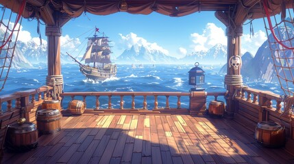 Wooden deck onboard a pirate ship, boat with cannon, wood boxes, barrel, hold door, mast with ropes, lantern, and skull buccaneer flag on a rocky seascape cartoon background - obrazy, fototapety, plakaty