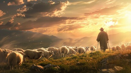Shepherd and Sheep Artwork - obrazy, fototapety, plakaty