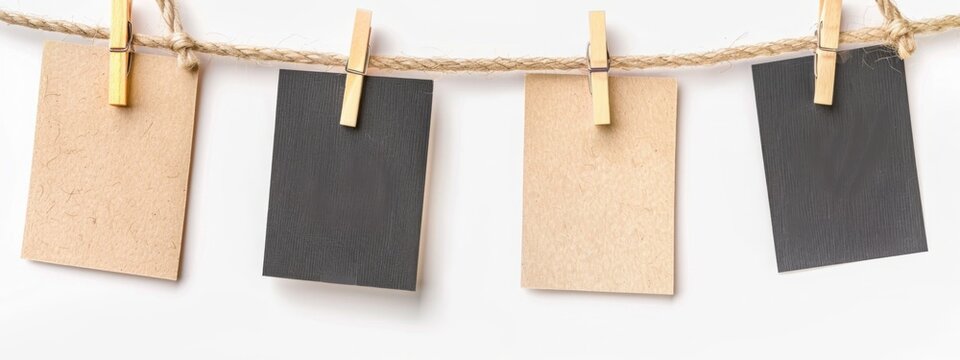 frames that hang on a rope with clothespins and isolated on white. Blank cards on rope mockup template, clipping path.