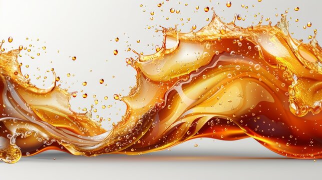Coffee, coke, or tea splash on transparent background. Modern realistic set of liquid waves of falling and flowing brown drinks with bubbles and drops.