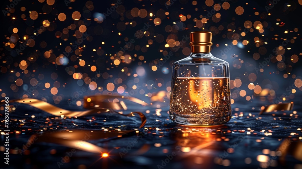Poster design for a perfume bottle with gold ribbons on black background with confetti and sparkling sparkl