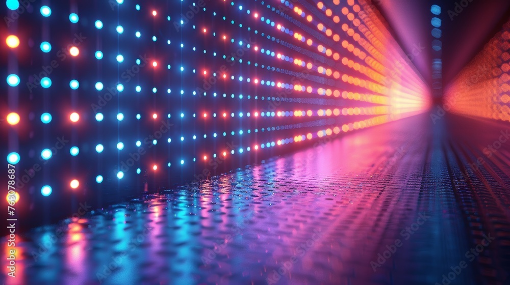 Poster an led display in the form of a concave wall with glowing blue and purple dots on a black background