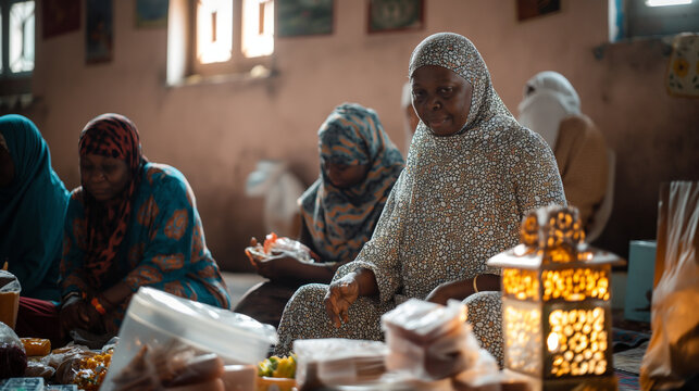 Northern Women Gathering for Free Iftar Meals. The image shows a group of women sitting at a table with food in front of them. They are gathered indoors for a meal, specifically for a free Iftar
