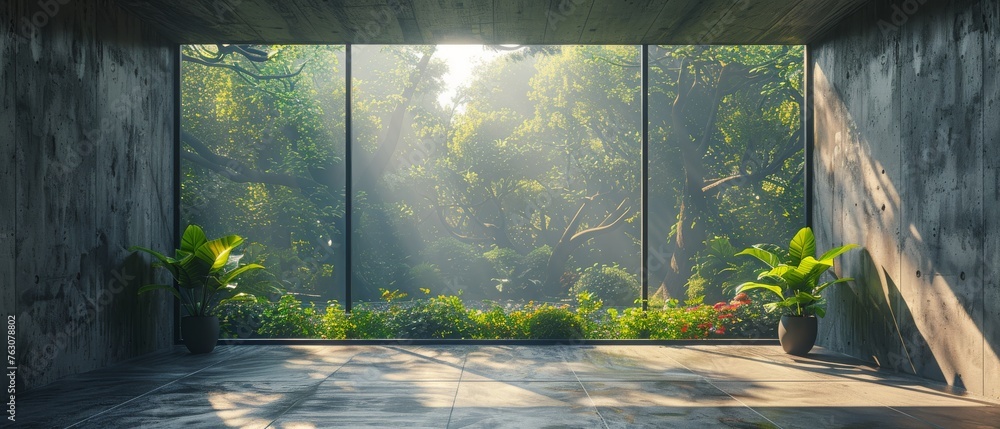 Fototapete an empty concrete room with a large window against a background of nature is rendered in 3d.