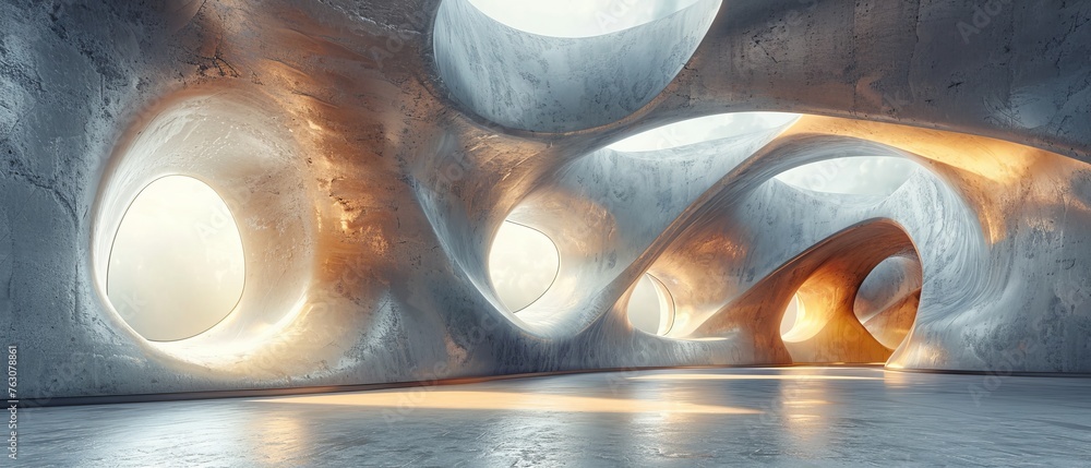 Fototapete rendering of abstract futuristic architecture on a concrete floor in 3d.