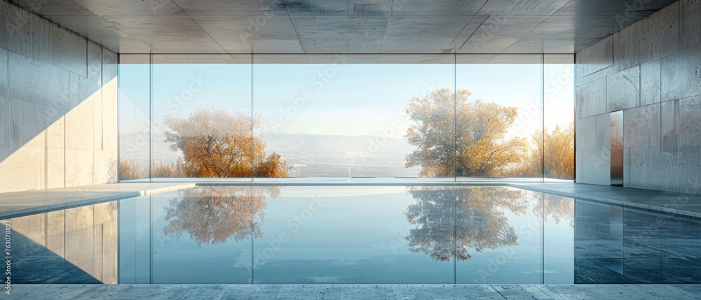 Leinwandbilder An abstract futuristic glass architecture with an empty concrete floor is rendered in 3D...