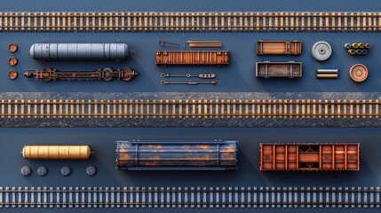 An accurate modern realistic set of tram lines, roads for locomotives and wagons with rails, fastenings, and concrete ties. - obrazy, fototapety, plakaty