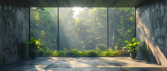 An empty concrete room with a large window against a background of nature is rendered in 3D.