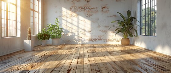 White empty room with wooden floor in 3D. Modern interior design.