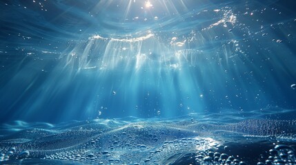 This underwater background is a realistic 3d modern illustration showing air bubbles, ripples, and rays of sun falling on a transparent aqua texture. - obrazy, fototapety, plakaty