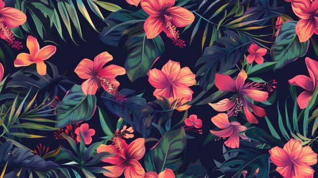 Seamless pattern tropical rainforests  with colourful birds and flowers