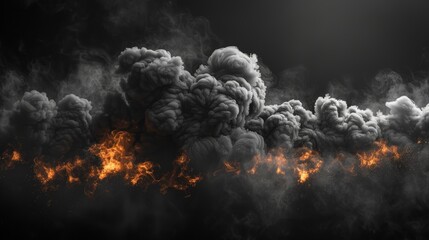 A modern illustration of black smoke clouds, toxic fog or smog, caused by fire, explosion, burning carbon or coal. Black fume texture isolated on a transparent background.