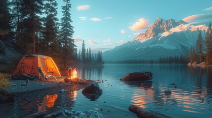 A summer camp at daytime in a caravan with a pot, tent, log, cauldron, guitar, and a mountain view. Modern illustration of summer camp, traveling, trip, hiking, and activities.