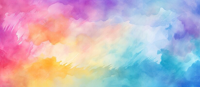 A stunning artwork of a cloudy sky in shades of purple, magenta, and a rainbow of colors, capturing the beauty of meteorological phenomena through watercolor painting
