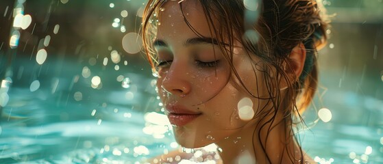 In spa resort pool, a serene girl enjoys the gentle splashes of waterfalls