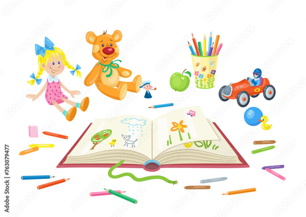 Wall mural Children's sketchbook, toys, colored pencils and crayons. Isolated on white background. Vector flat illustration