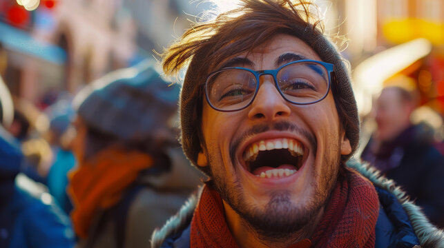 A man with glasses and a hat is smiling and laughing