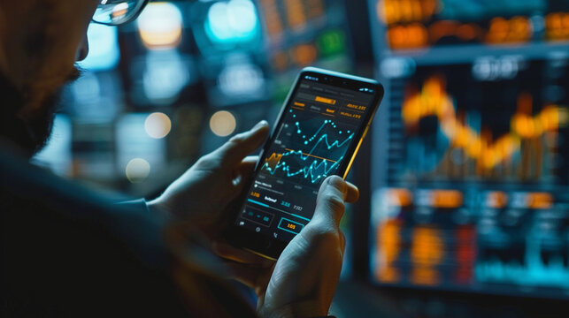 Against a backdrop of digital innovation, a man holds a phone in close-up, the screen depicting a graph of shares or cryptocurrency market data, intertwined with intricate blockcha