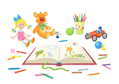 Children's sketchbook, toys, colored pencils and crayons. Isolated on white background. Vector flat illustration