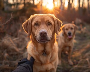 Labrador retrievers family love panoramic view golden hour glow